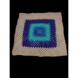 Handmade Crochet Throw Blanket Granny Square Multicolor Blue Beige Lapghan 28x28